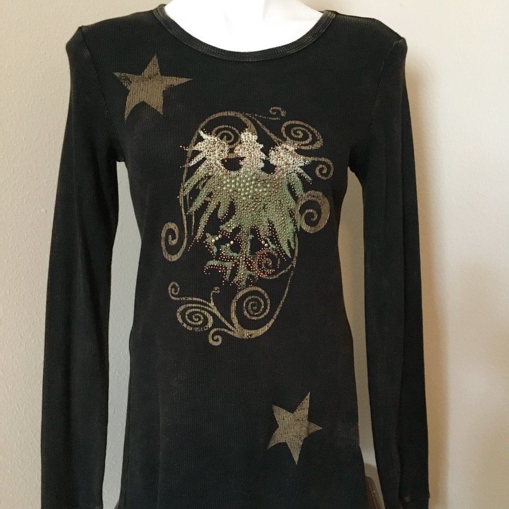 Pitaya Brown Distressed Long Sleeve Embellished Knit Shirt - Size L